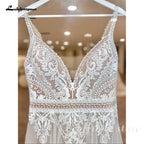 Custom Boho Lace Beach Wedding Dress V Neck Open Back Spaghetti Straps Gown