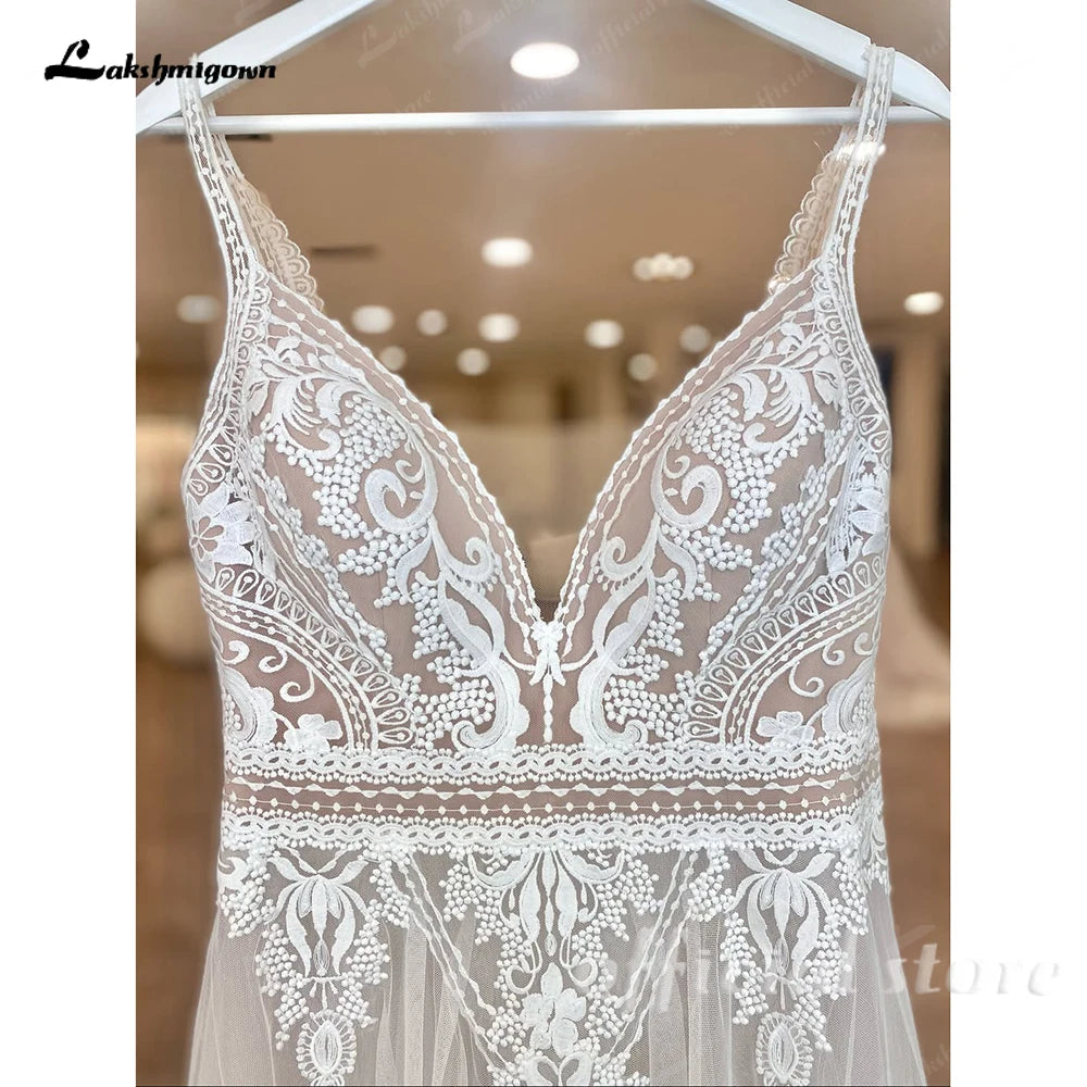 Custom Boho Lace Beach Wedding Dress V Neck Open Back Spaghetti Straps Gown