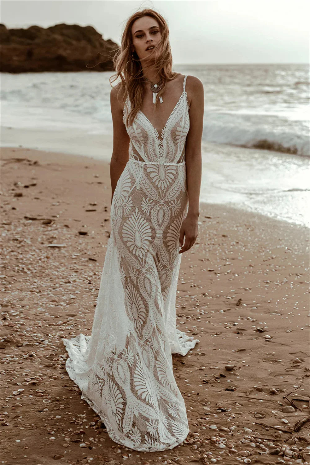 Customized Bohemian Lace Wedding Dress Deep V Neck Mermaid Gown With Shear Train