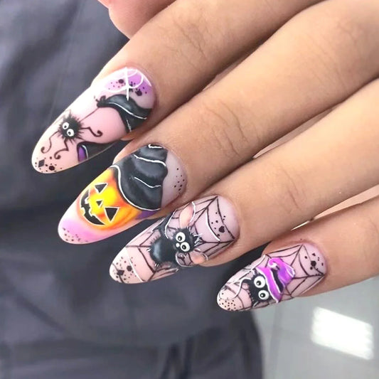 24 parches de uñas postizas de almendra para usar, con temática de Halloween, con diseño de araña bailando, murciélago y calabaza, manicura DIY. 