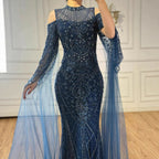 Navy Blue Cold Shoulder Mermaid Beaded Custom Evening Dress With Cape Sleeves
