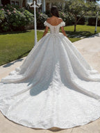 Luxury Off Shoulder Ball Gown Wedding Dress With 3D Floral Glitter