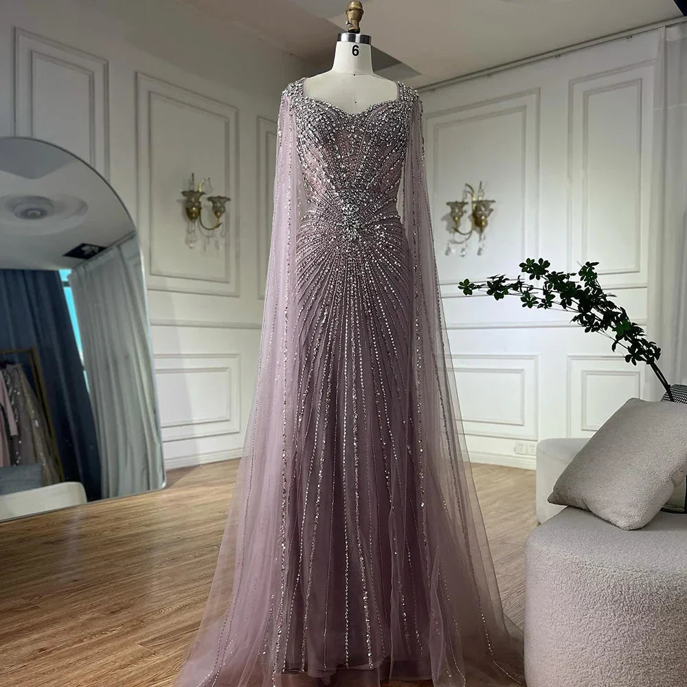 Dubai Luxury Nude Cape Sleeves Beaded Evening Dress LA72575A