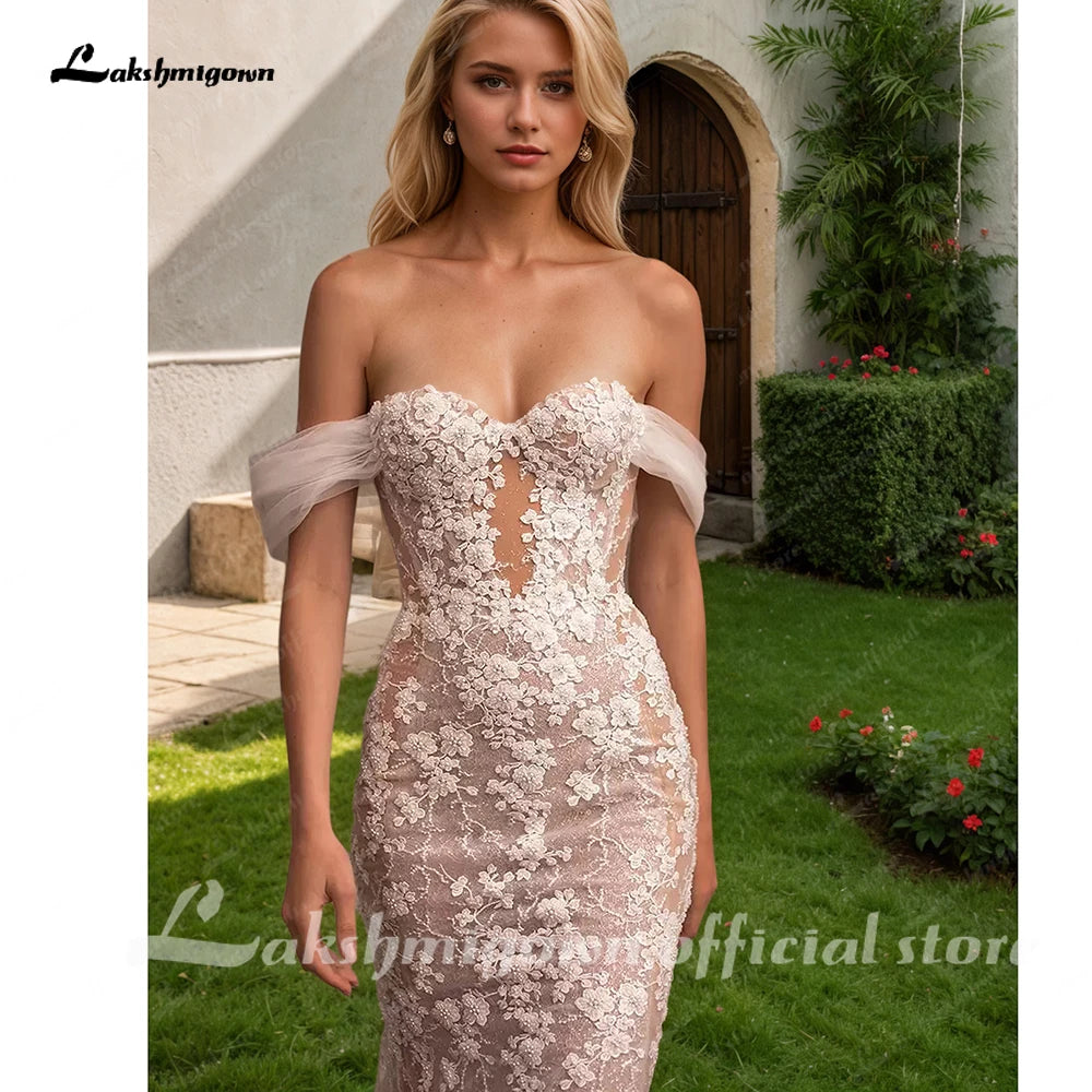 Custom Mermaid Wedding Dress Lantern Sleeves Beaded Tulle Chapel Train