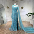 Custom Blue Mermaid Evening Dress Pearl Beaded Formal Gown With Gloves