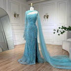 Custom Blue Mermaid Evening Dress Pearl Beaded Formal Gown With Gloves