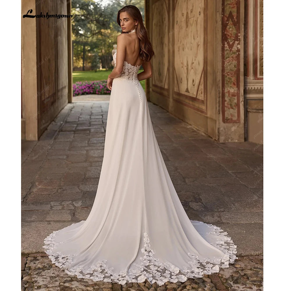 Custom Bohemian A-Line Halter Chiffon Wedding Dress With Lace Appliques