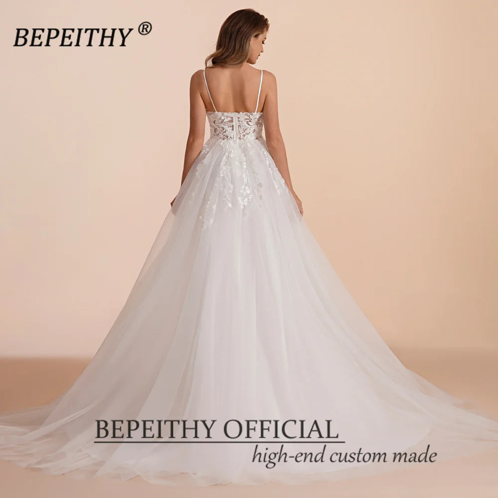 Customized Boho Ivory A Line Lace Wedding Dress Floor Length Bridal Gown