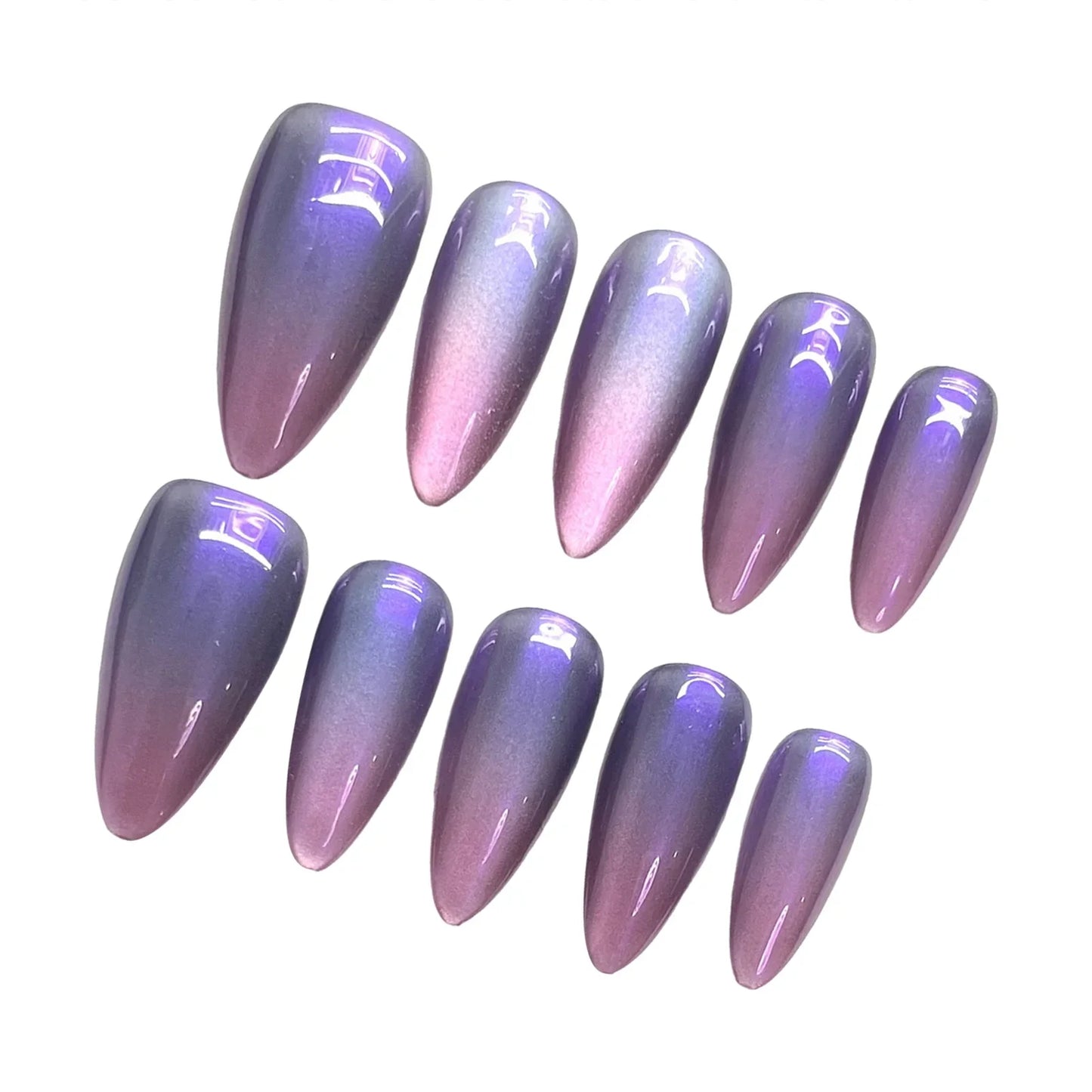 10 uñas postizas brillantes de ojo de gato, color morado nude, almendra, hechas a mano, para uso diario, para fiestas, manicura para mujer. 