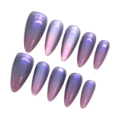 10 uñas postizas brillantes de ojo de gato, color morado nude, almendra, hechas a mano, para uso diario, para fiestas, manicura para mujer. 