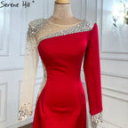 Custom White Satin Mermaid Evening Dress Long Sleeve Beaded Gown For Women
