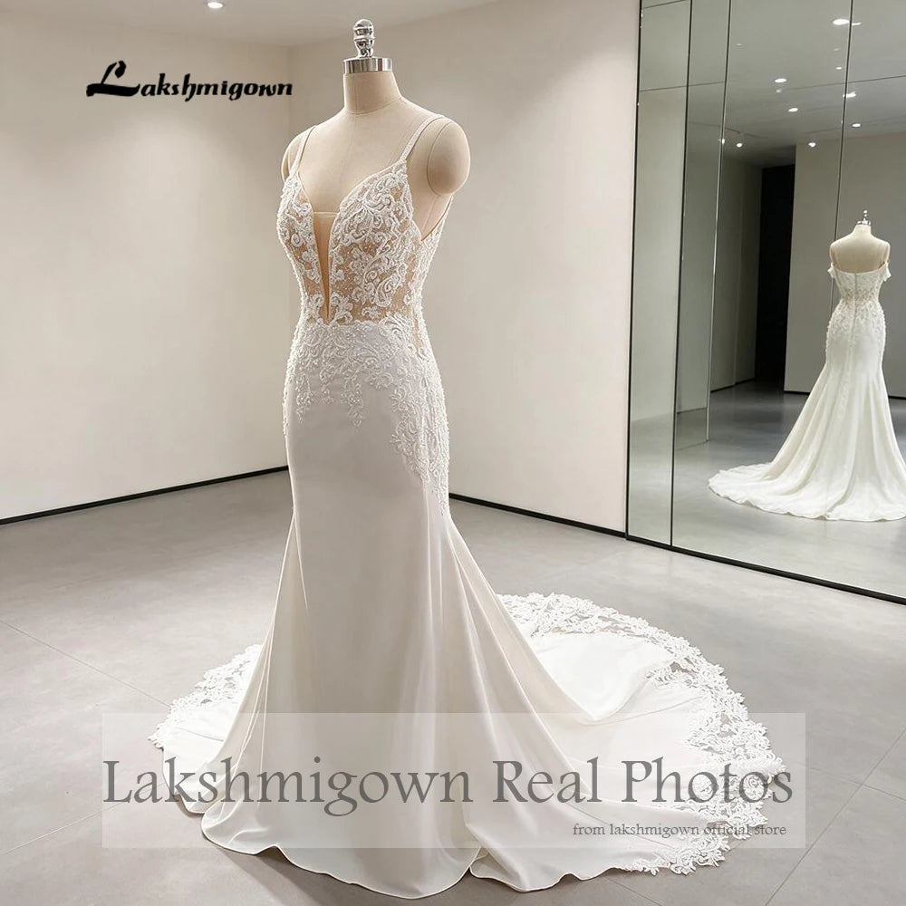 Custom Lace Mermaid Wedding Dress Beaded V Neck Spaghetti Straps Chapel Train