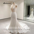 Custom Lace Mermaid Wedding Dress Beaded V Neck Spaghetti Straps Chapel Train