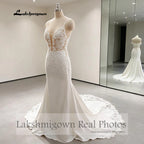 Custom Lace Mermaid Wedding Dress Beaded V Neck Spaghetti Straps Chapel Train