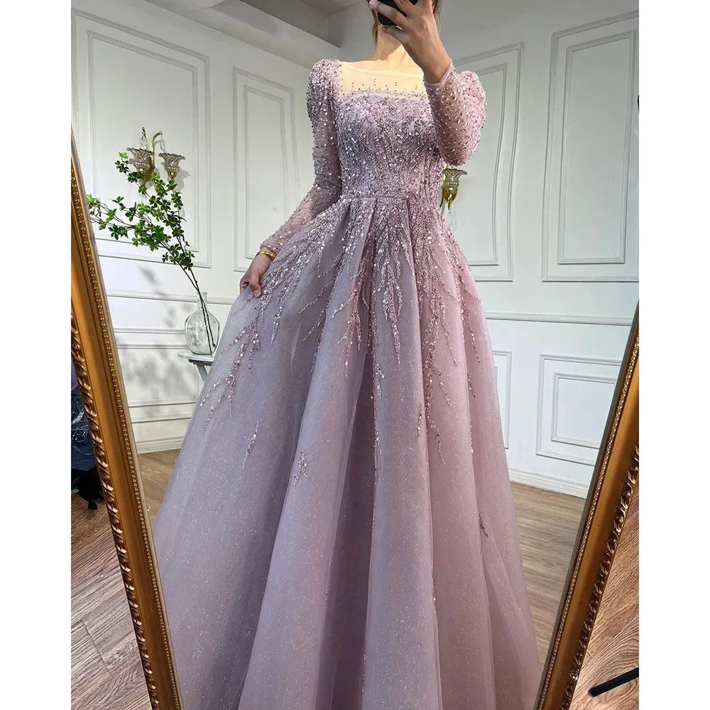 Pink Long Sleeves A Line Beaded Dubai Evening Wedding Party Dress 2025