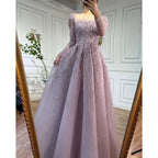 Pink Long Sleeves A Line Beaded Dubai Evening Wedding Party Dress 2025
