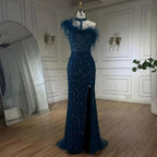 Custom Gray Halter Neck Beaded Mermaid Evening Gown With Feathers
