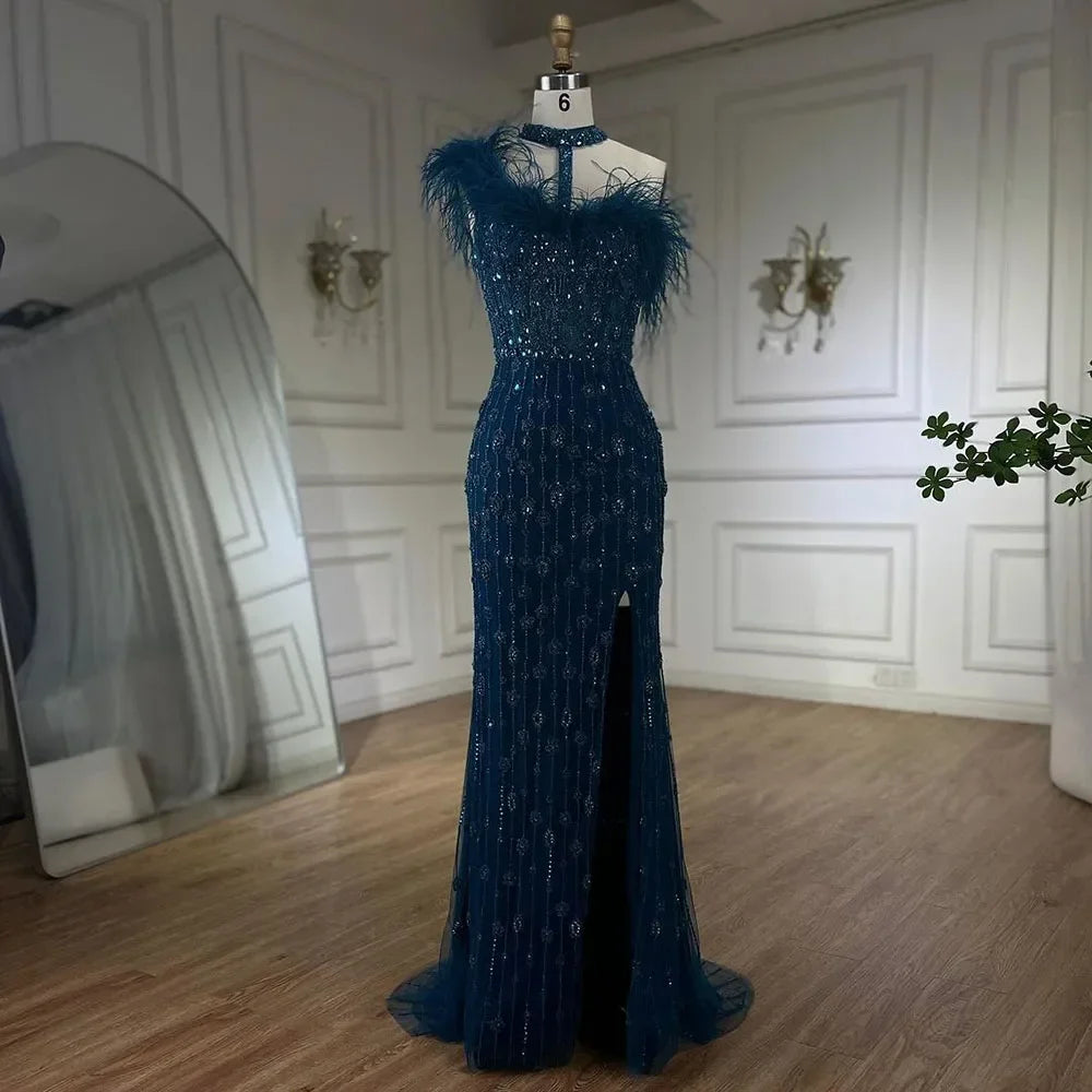 Custom Gray Halter Neck Beaded Mermaid Evening Gown With Feathers