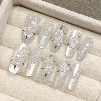 10 uñas postizas hechas a mano con diseños florales 3D de colores, brillantes, cortas, cuadradas, para verano. 