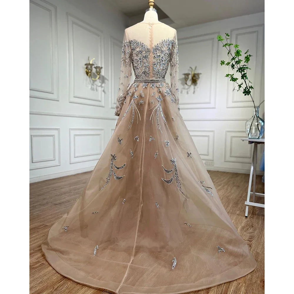 Serene Hill Customized Nude Long Sleeve Mermaid Beaded Muslim Evening Dress