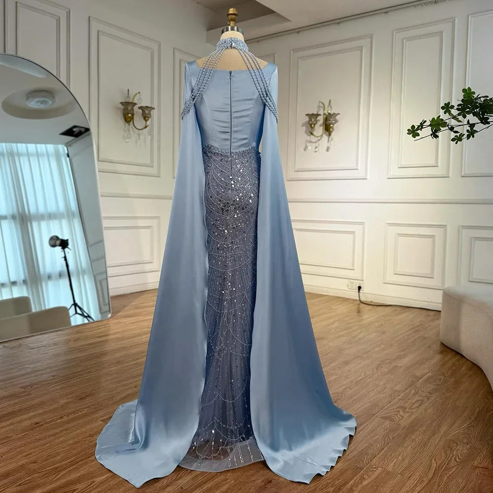 Blue Pearl Beaded Mermaid Evening Dress With Cape For Women Customized
