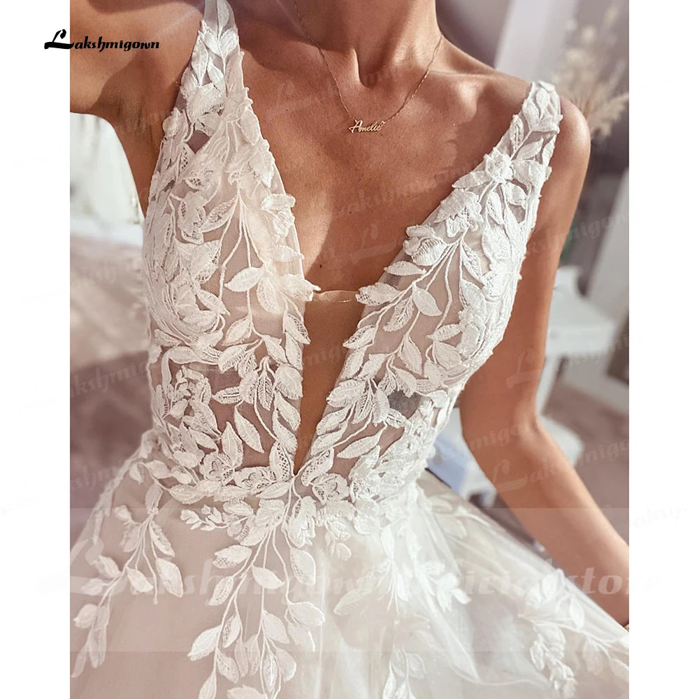 Custom Made Champagne Bridal Gown With V Neck Lace Appliques