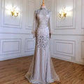 Custom Silver Beaded Mermaid Evening Dress With Full Sleeves For Women