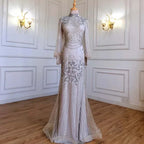 Custom Silver Beaded Mermaid Evening Dress With Full Sleeves For Women