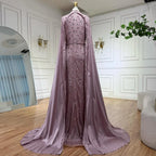 Pink Long Sleeve High Neck Mermaid Beaded Evening Gown With Cape For Women