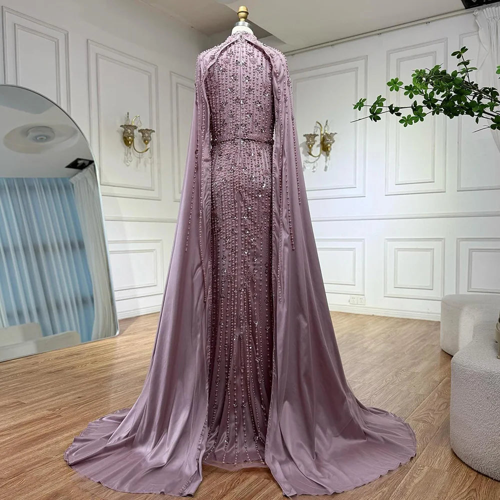 Pink Long Sleeve High Neck Mermaid Beaded Evening Gown With Cape For Women