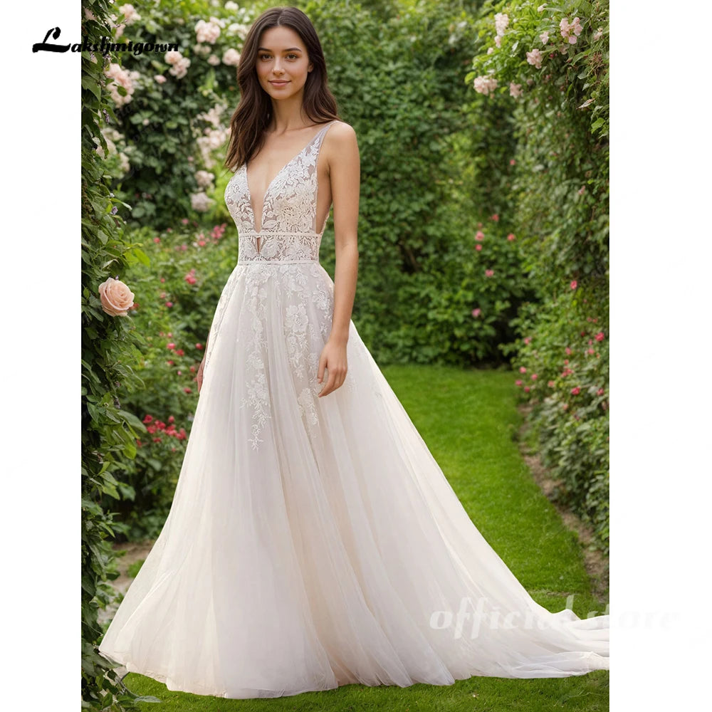 Custom A Line Plunging V Neck Wedding Dress With Tulle Skirt
