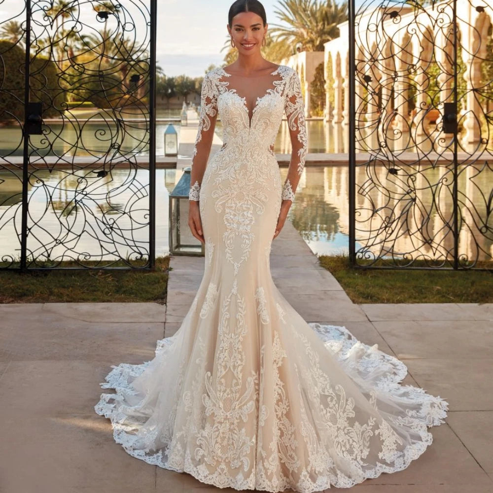 Custom Modest Long Sleeve Mermaid Wedding Dress Glitter Sequins Appliques