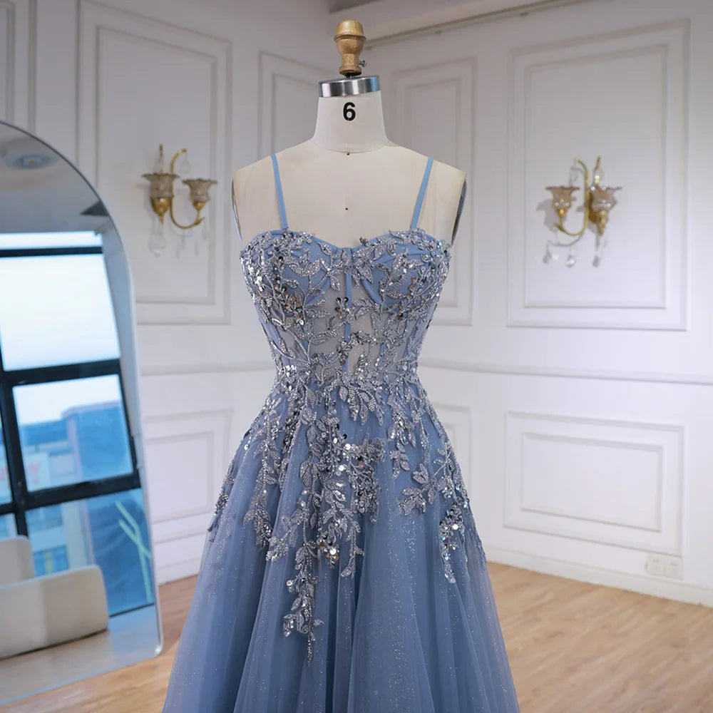 Luxury Gray Tulle A Line Prom Dress with Floral Appliques LA73015
