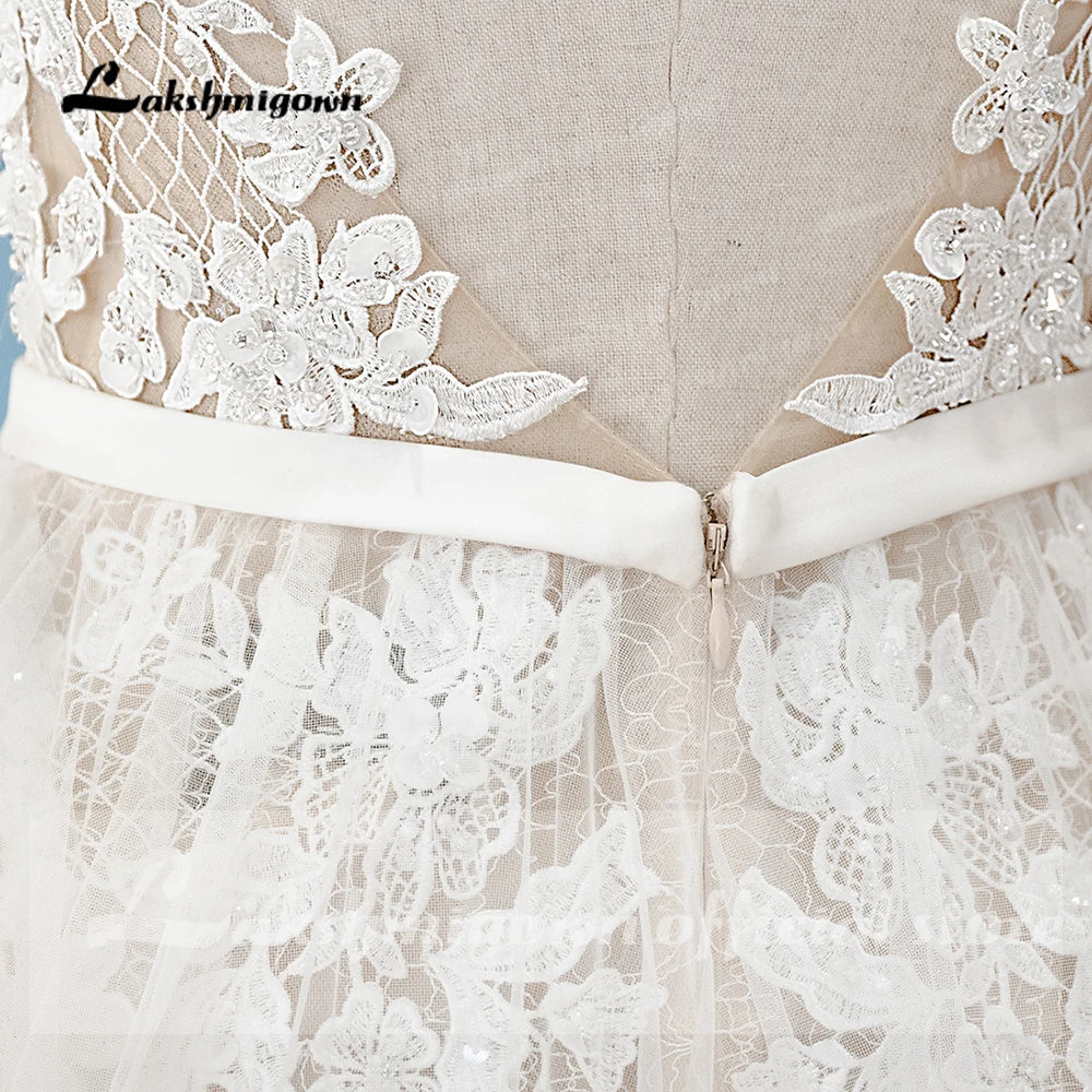 Custom Made Bohemian Wedding Dress Vintage Lace Beaded High Neck Tulle Gown