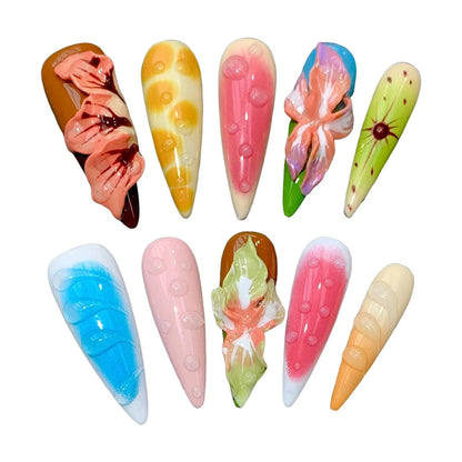 10 uñas postizas de flores tropicales hechas a mano, coloridas, para el día de verano, con dopamina, largas, de aguja, con manicura fresca y dulce. 