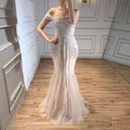 Custom Nude Off Shoulder Mermaid Beaded Evening Gown For Women
