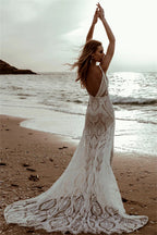 Customized Bohemian Lace Wedding Dress Deep V Neck Mermaid Gown With Shear Train