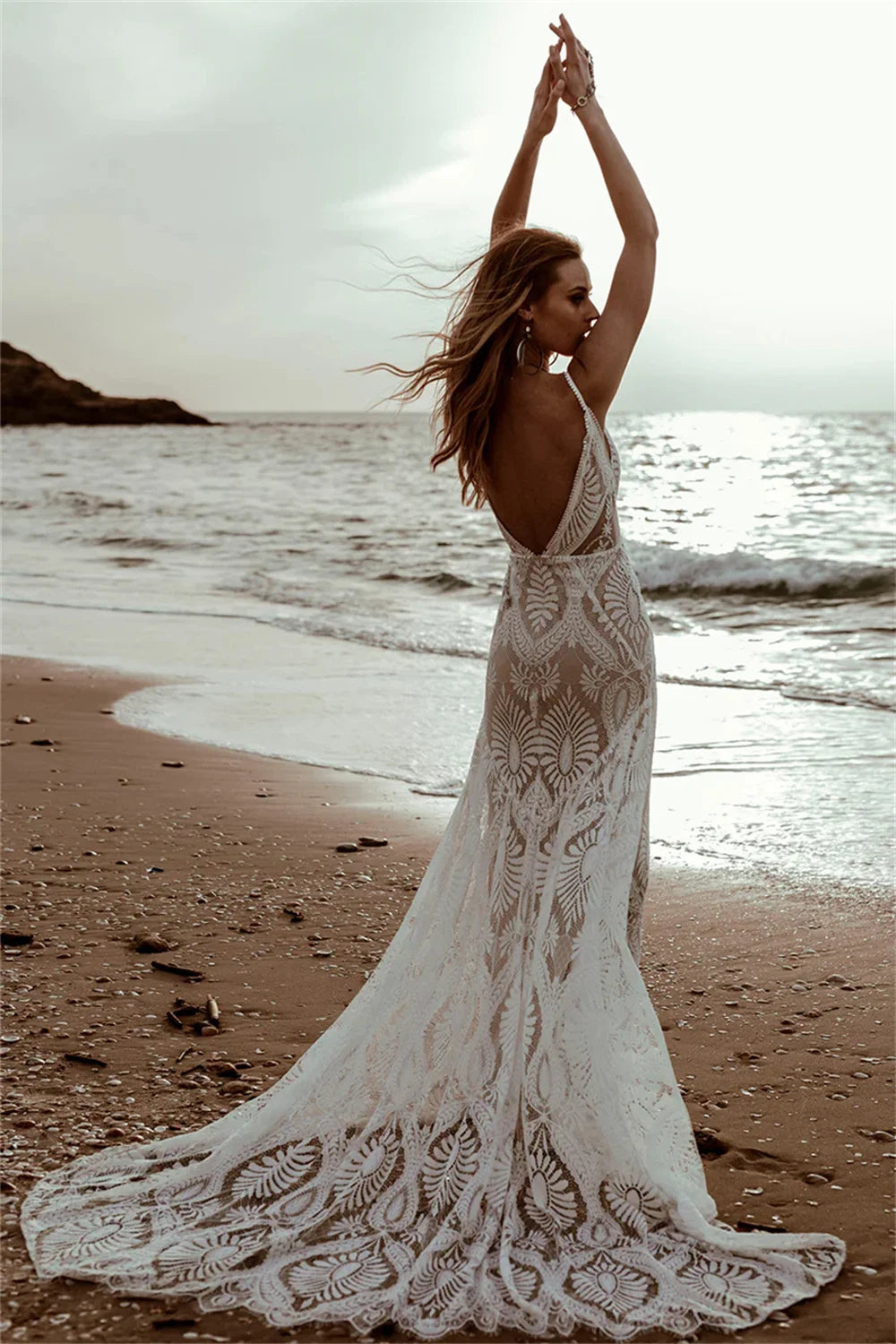 Customized Bohemian Lace Wedding Dress Deep V Neck Mermaid Gown With Shear Train