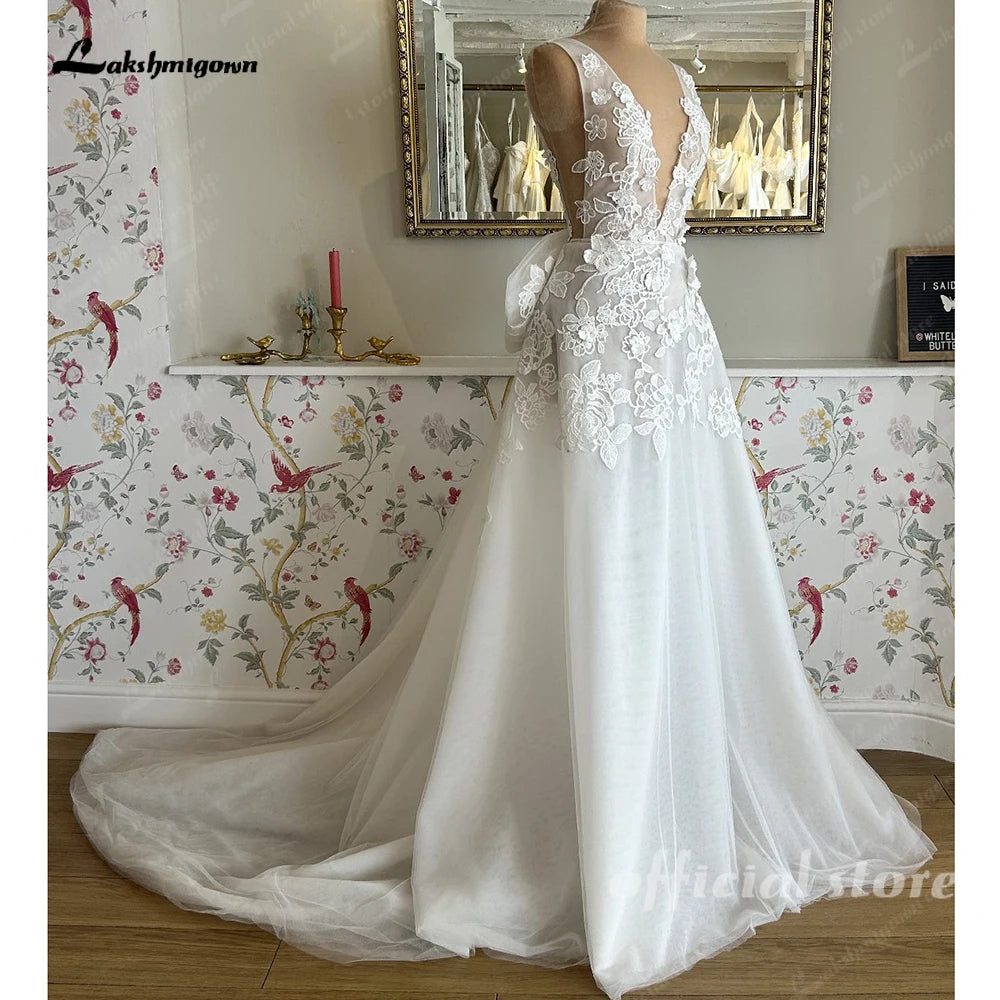 Deep V Neck Lace Floral A Line Wedding Dress Custom Bridal Gown For Women