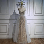 Custom White Nude V Neck Sleeveless Mermaid Beaded Wedding Gown