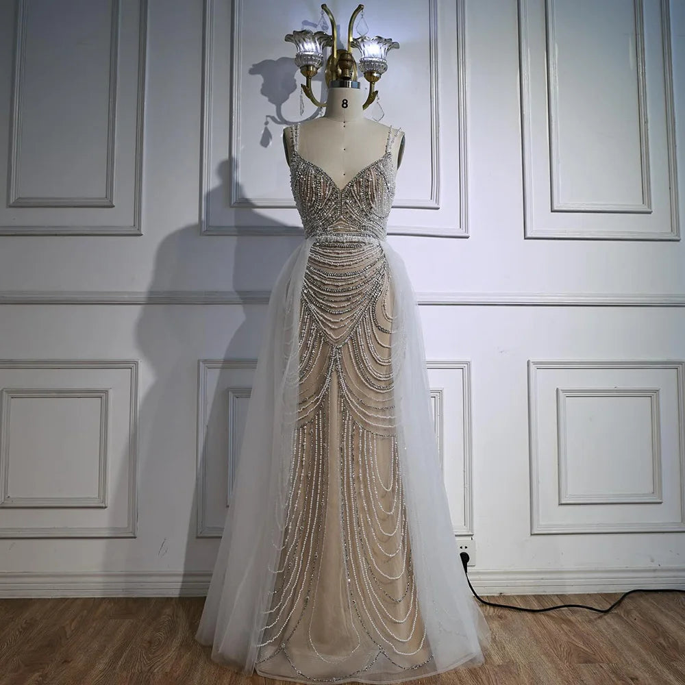 Custom White Nude V Neck Sleeveless Mermaid Beaded Wedding Gown