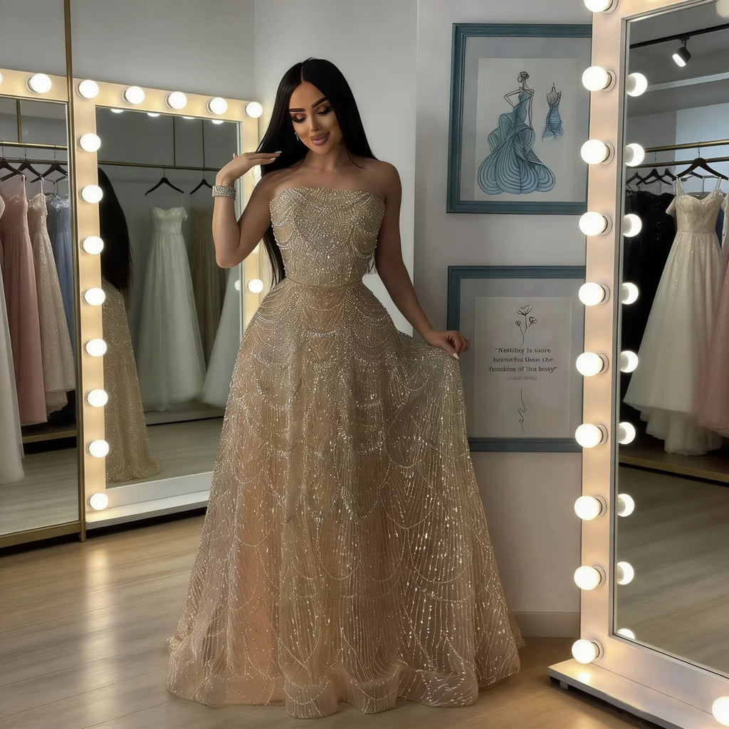 Serene Hill Customized Nude Prom Dress Spaghetti Strap Lace-up Back Evening Gown Crystal Beaded Party Gwons for Women DLA72983A