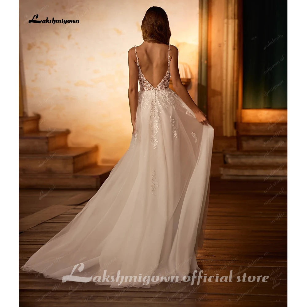 Custom Beach Wedding Dress With Beaded Lace And V Neck Spaghetti Straps