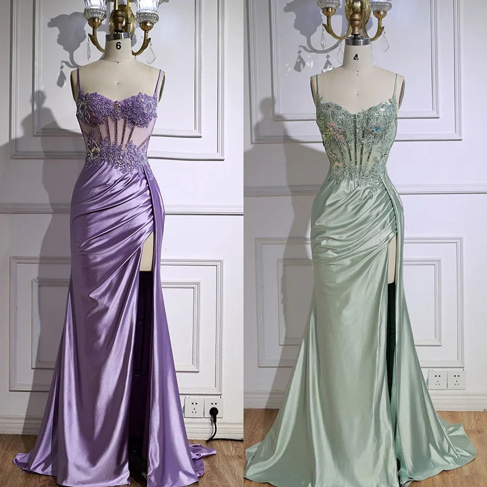 Luxury Mint Green Satin Beaded Prom Dress with Slit LA72995