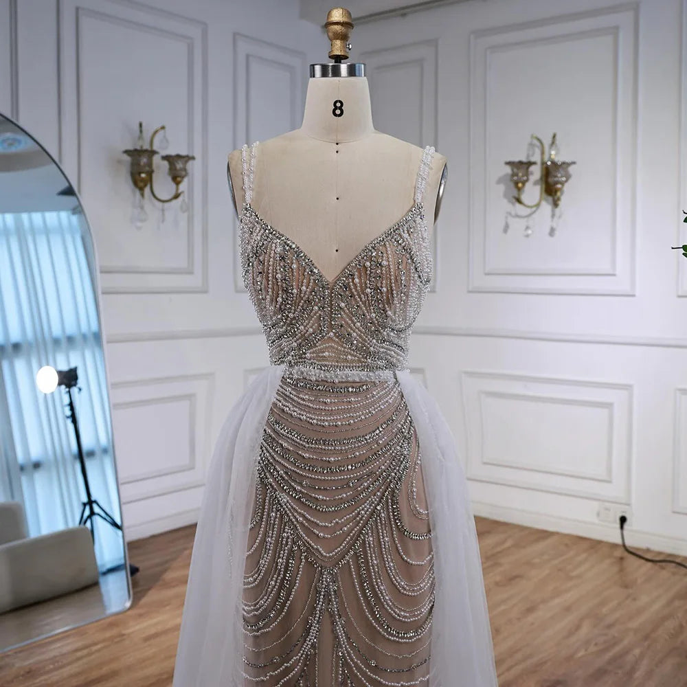 Custom White Nude V Neck Sleeveless Mermaid Beaded Wedding Gown