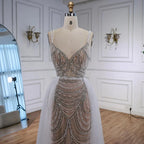 Custom White Nude V Neck Sleeveless Mermaid Beaded Wedding Gown