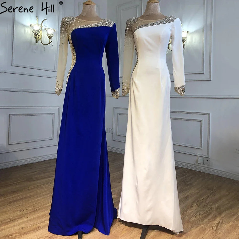 Custom White Satin Mermaid Evening Dress Long Sleeve Beaded Gown For Women