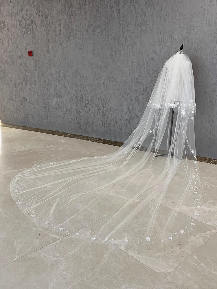 Long Custom Wedding Bridal Veil Featuring 3D Flowers And Pearl Details