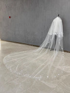 Long Custom Wedding Bridal Veil Featuring 3D Flowers And Pearl Details