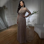 Serene Hill Caramel Long Sleeves Beaded Muslim Evening Gown For Women